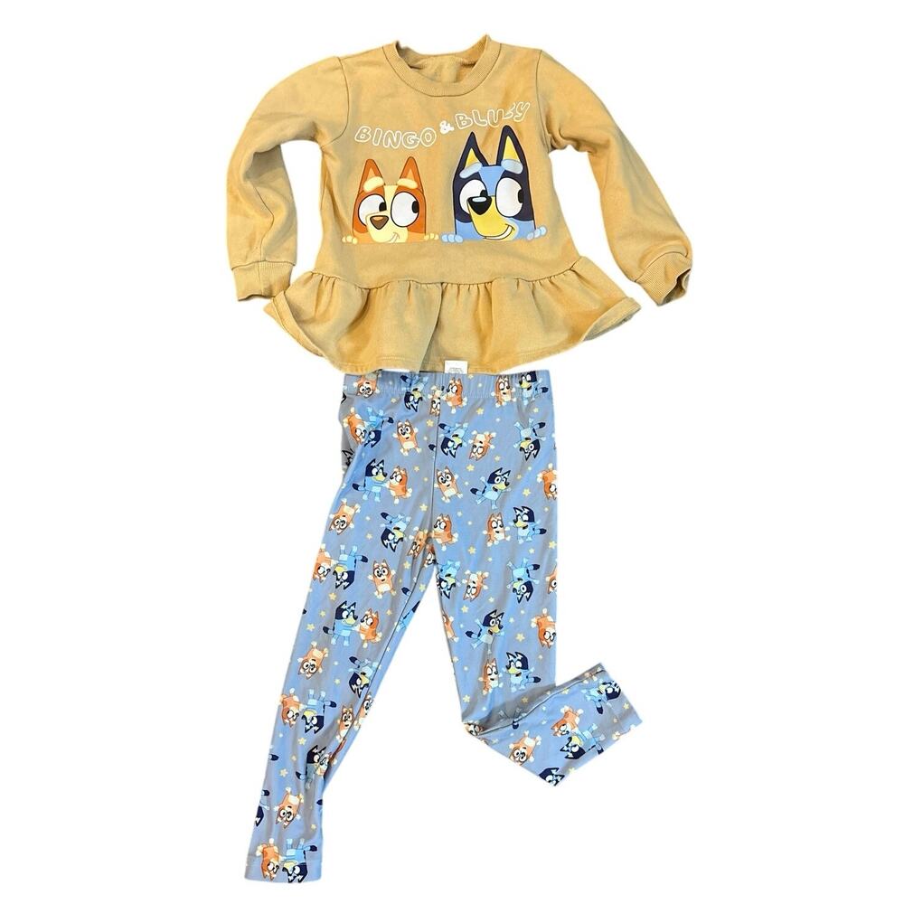 Bluey Bingo & Bluey Girls Outfit Size 4 Peplum Top Leggings Set Long Sleeve‎ EUC